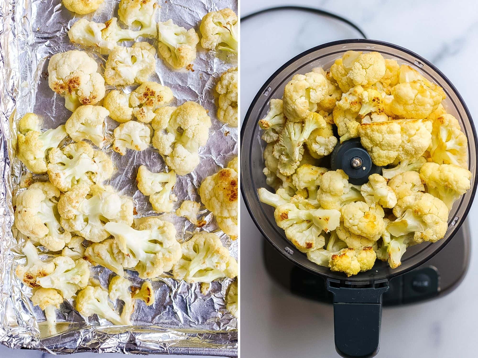 roasted cauliflower on baking sheet and food processor