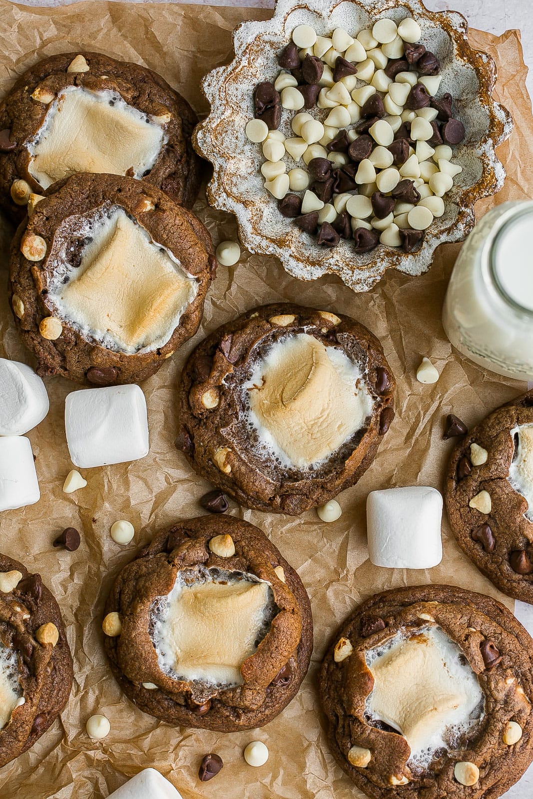 Marshmallow cookies on parchment paper.
