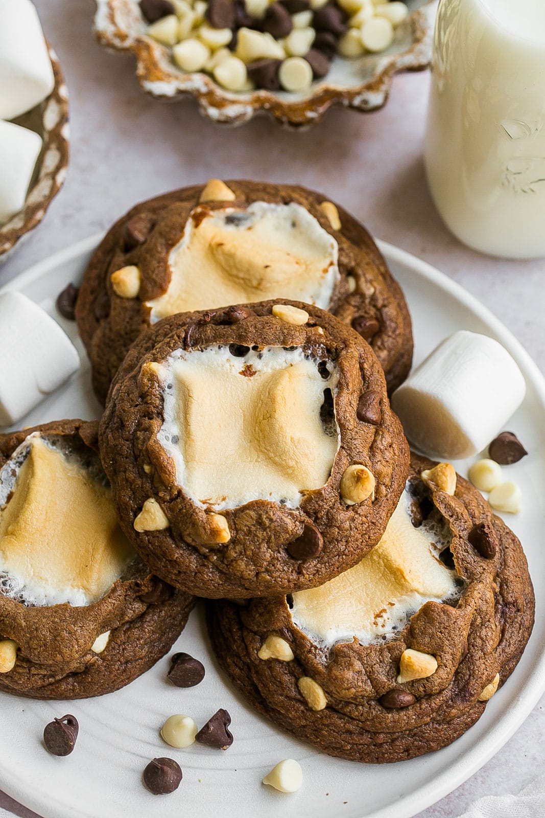 Chocolate marshmallow cookies on plate.