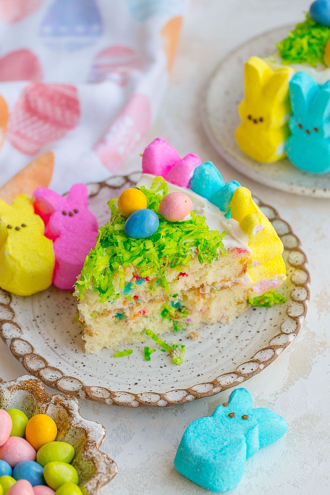 Slice of peeps cake.